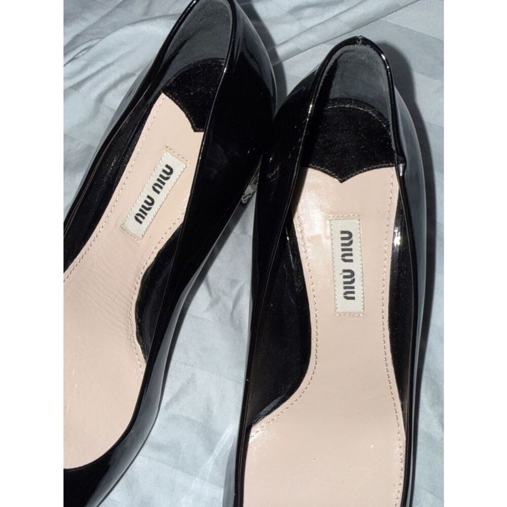 MIU MIU Embellished Jeweled Crystal Heel Black Patent Leather Luxury Heels 38.5 - Picture 6 of 9